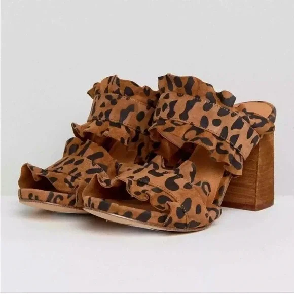 Leopard Print Ruffle Strap Block Heel Mules - Brown - Picture 13 of 13